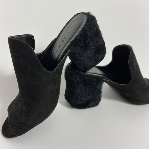 Wild Diva Shoes - Black side mules block faux fur heel. Slip on.